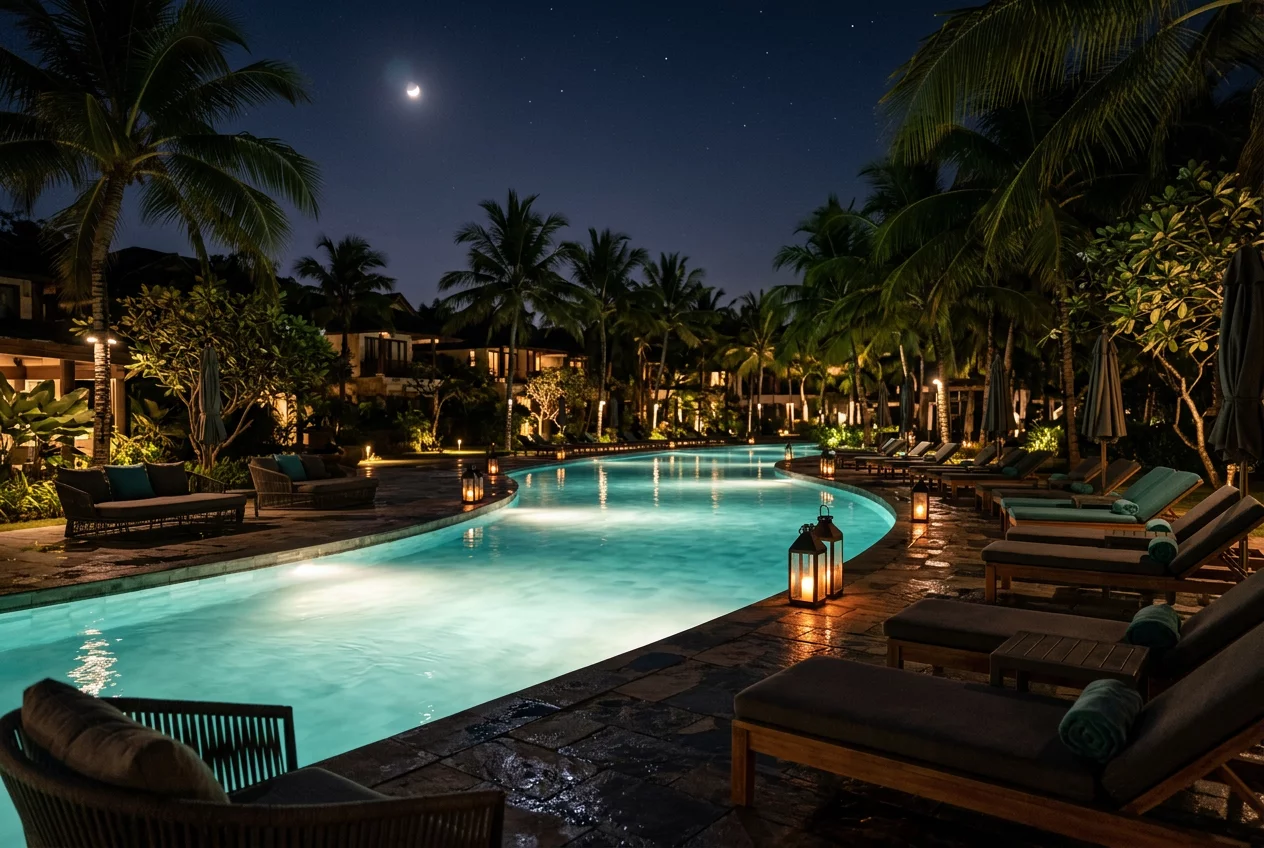Resort pool area at night